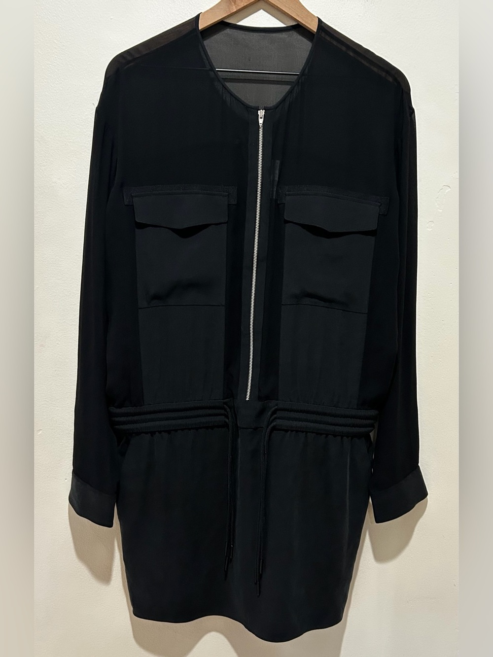 NWT T by Alexander Wang Black Silk Sheer Trim Utility Shirt Dress Women’s Size 8